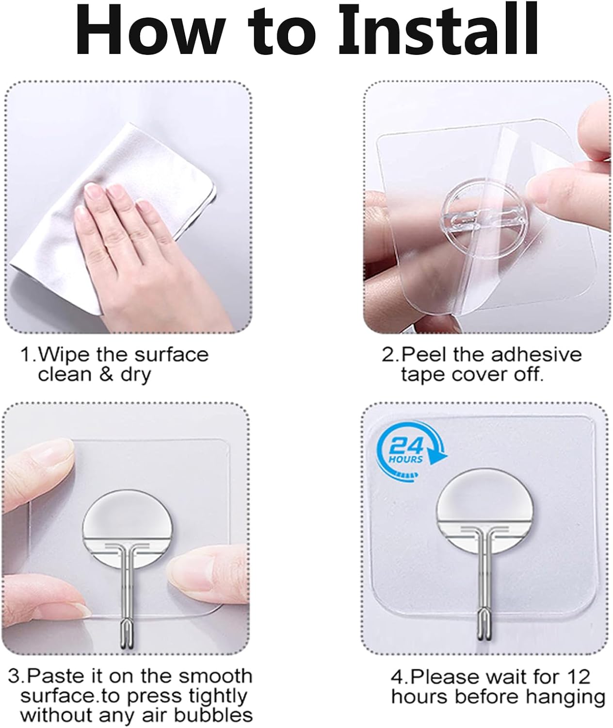 JINSHUNFA Adhesive Wall Hooks 13LB Heavy Duty No Drill Large Transparent Waterproof Hooks for Bathroom Kitchen Towel Coat 8 Pack
