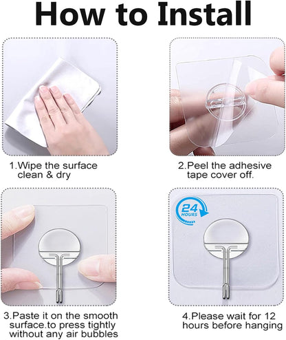 JINSHUNFA Adhesive Wall Hooks 13LB Heavy Duty No Drill Large Transparent Waterproof Hooks for Bathroom Kitchen Towel Coat 8 Pack