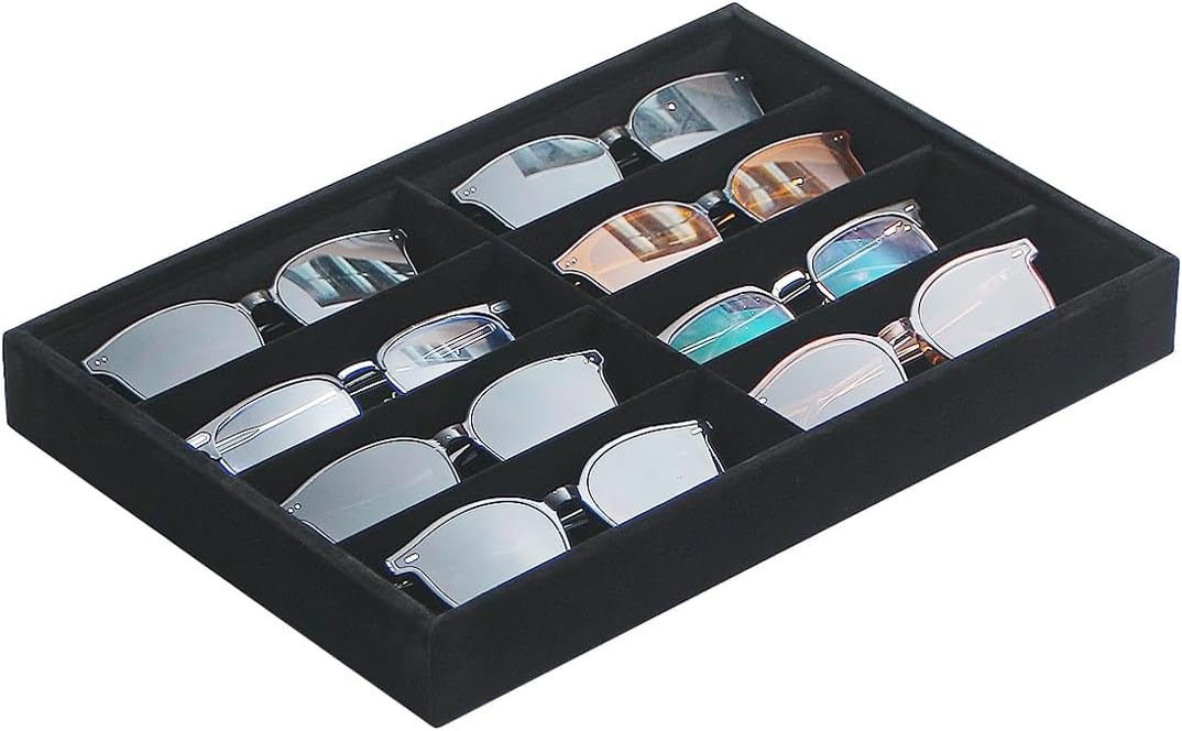 Coward Sunglass Organizer, Beige Velvet Glasses Trays - Eyeglasses Watches Jewelry Display - Men Women (8 Grids)