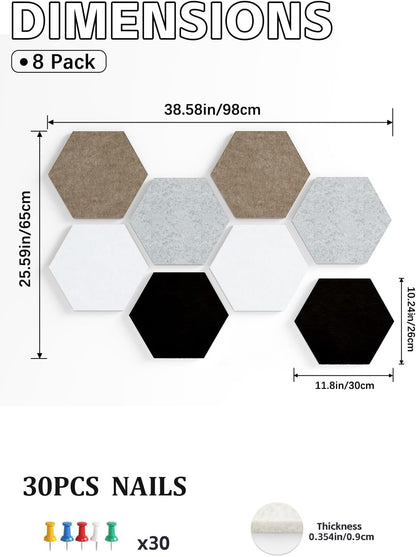 8 Pack Hexagon Felt Bulletin Board Tiles - 12" Large Thick Pin Board for Walls with 30 Push Pins, DIY Boards for Office Home School Decor, Aesthetic Hex Cork Board Alternative