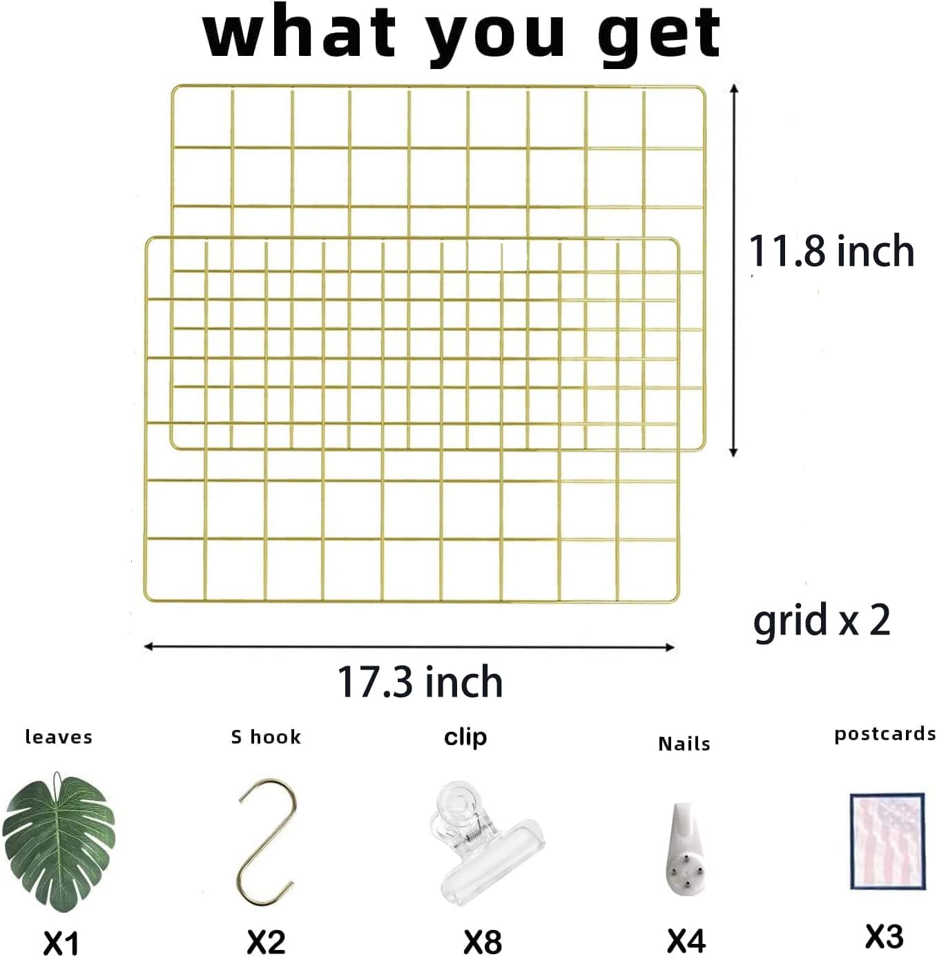 Grid Wire Board,for Memo Picture Panel Wall Decoration for Room Office Mat Photo Hanging Art Display Frames Desk Storage Organizer,17.3" x 11.8"(2Pack) (Gold)