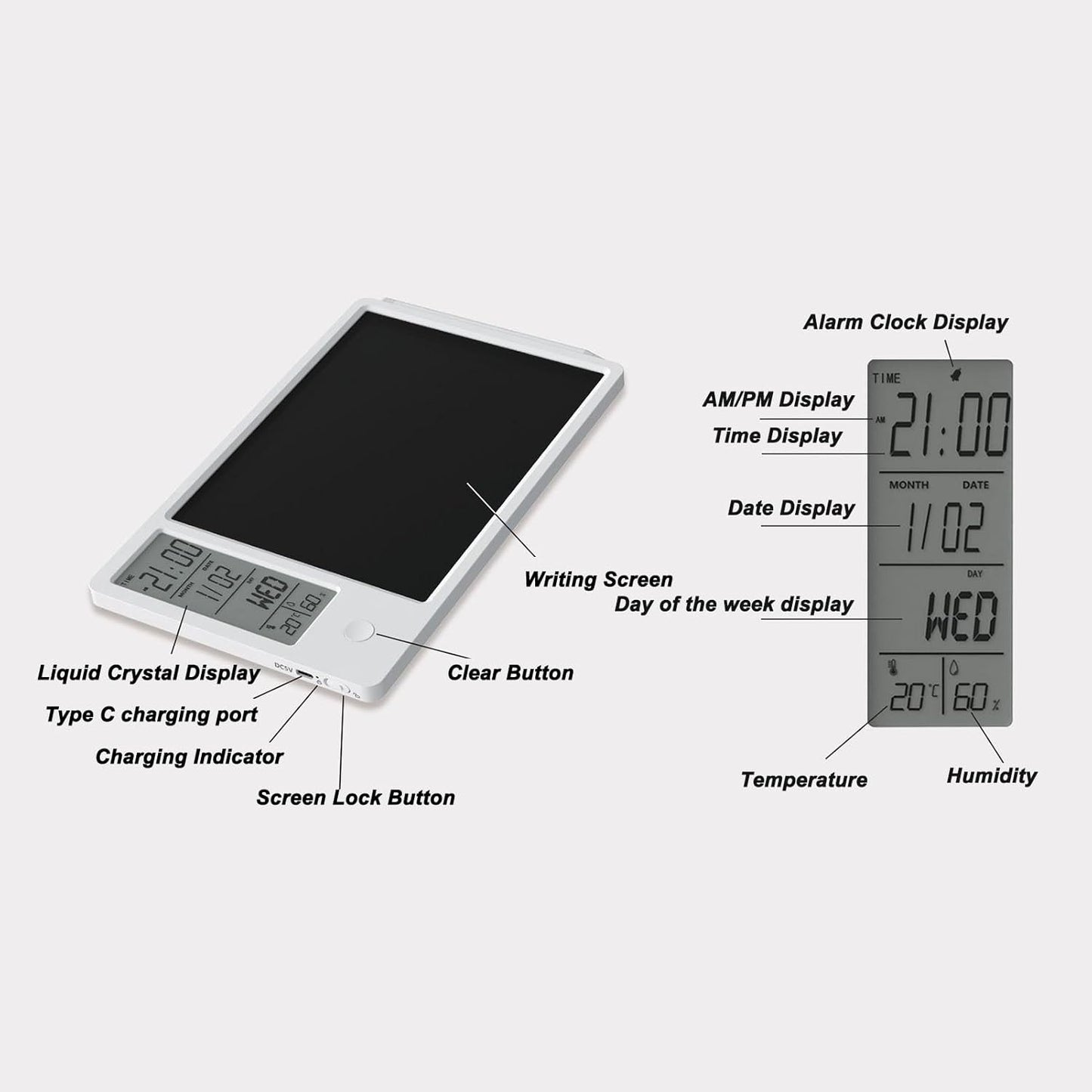Tissting Digital Calendar Memo Board 8.5x11in/21.6x27.9cm LCD Writing Pad with Time Temp Display - Rechargeable Desktop Organizer for Office Home Electronic Paperless Note Taking Planning Tool