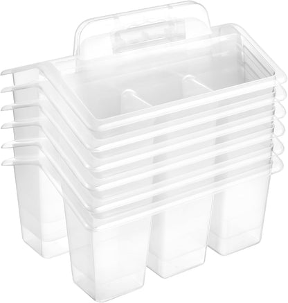 ALINK Classroom Caddy Storage Basket with Handle, 6 Pack Plastic Arts Office Crafts Caddy 4 Compartments for Kids, Pencil, Crayon, Marker, School Supplies - Clear