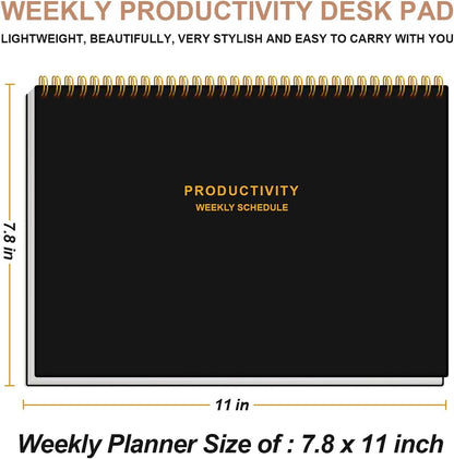 Weekly Productivity Planner - 8" x 11" Dashboard Desk Pad/Planner, Habit Tracker, Spiral Undated Weekly Planner for Office/School/Home, 54 Weeks, Black
