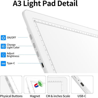 TOHETO Rechargeable A4 Light Board with Stand, Super Bright Magnetic Light Pad with Side Buttons, Wireless Light Box for Tracing and Drawing, Cordless LED Light Table for Diamond Painting, Sketching