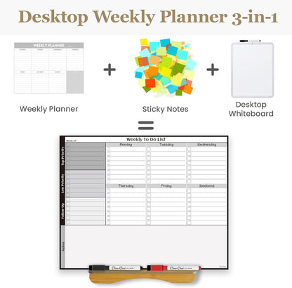 Dry Erase Desk Calendar Board - Reusable Desktop Weekly Planning Board, to-do List - 11.5"x14.5" Tabletop Dry Erase Board with Stand - 6 Markers Included