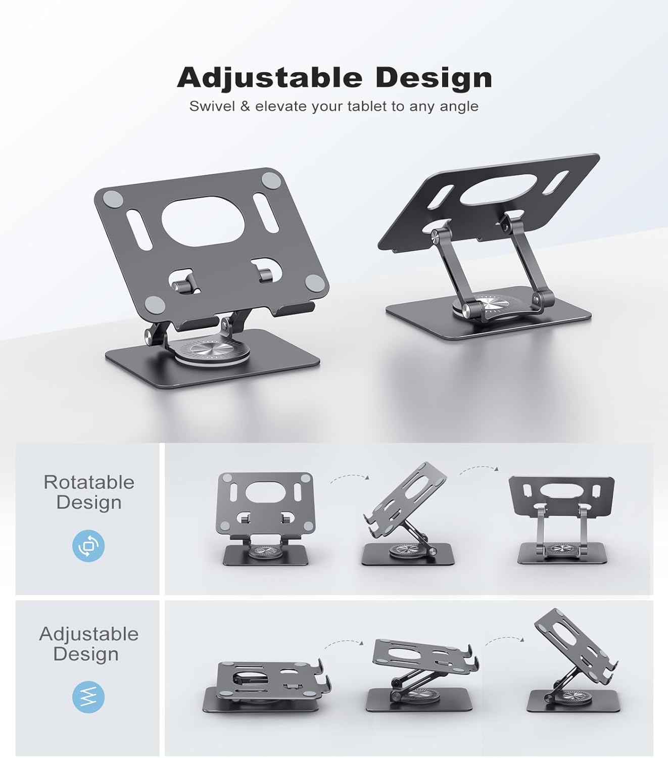 JOIOT Swivel Tablet Stand with 360 Rotating Base, Adjustable Holder for Drawing, Compatible with iPad Pro/Air/Mini and More (Black)