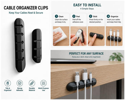 Cable Organizer Clips 2 Pack, Silicone Cord Holder for Desk, Strong Adhesive Cable Organizer for USB Charging Cables, Home Office & Car Wire Management (Black)