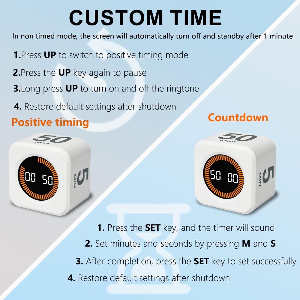 Visual Rotating Timer with 5, 10, 25 50 Minutes Preset, Desk Cube Count Down/up Timer, Rechargeable Custom-time Mute/Sound, Ideal for ADHD Work Learning Kitchen, Black