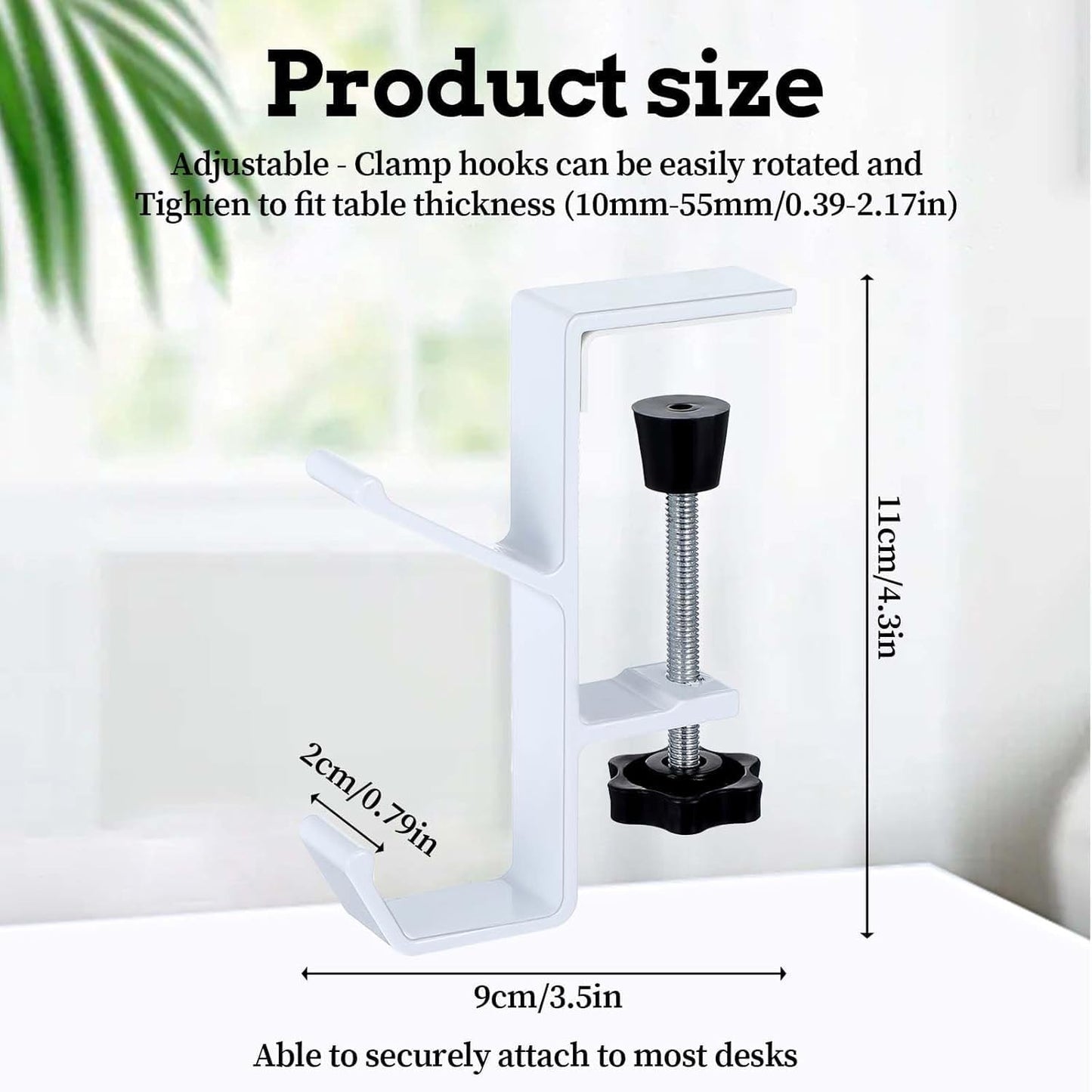 2Pcs Clamp-On Under Desk Headphone Holder Backpack Hook Students' Desk Hook with Adjustable Arm Clamp Women's Bag Handbag and Purse Holder - Suitable for Plate Between 1-5cm / 0.4-1.96” - Black