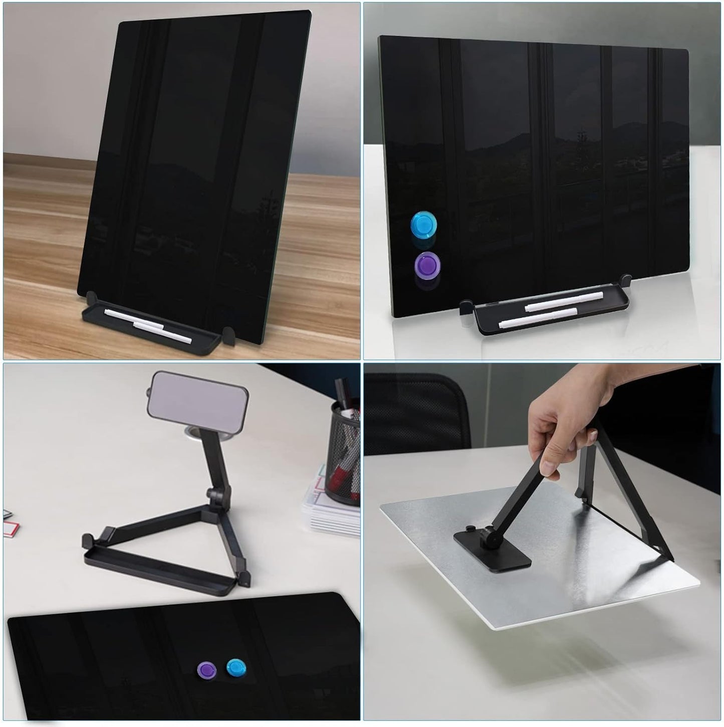 Magnetic Glass Whiteboard Desktop Easel, 16x12 Tabletop Glass Dry Erase Board with Adjustable Stand, ZHIDIAN Portable Tempered Glass Writing Board for Desk Office Home