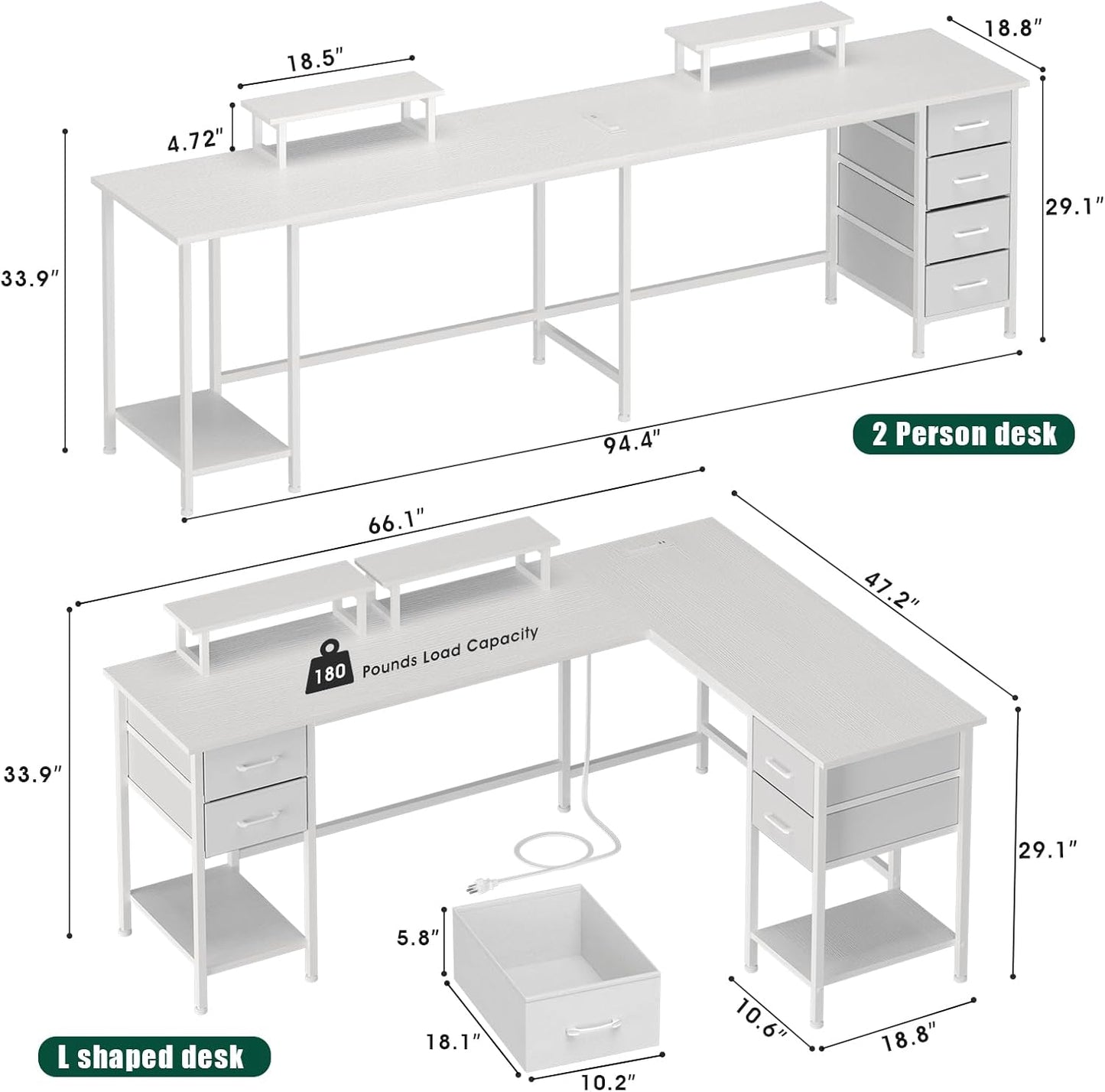 Korfile 59 inch L Shaped Computer Desk with Power Outlets, Home Office Desk with 4 Adjustable Storage Drawers & 2 Monitor Stands, Two Person Gaming Table for Bedroom, Black