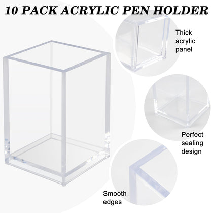 10 Pack Clear Acrylic Pen Holder for Desk, Pencil Cup Makeup Brush Organizer, Square Acrylic Pencil Holders for Office School Home Supplies, Desktop Stationery Organizer for Pens Markers Brushes