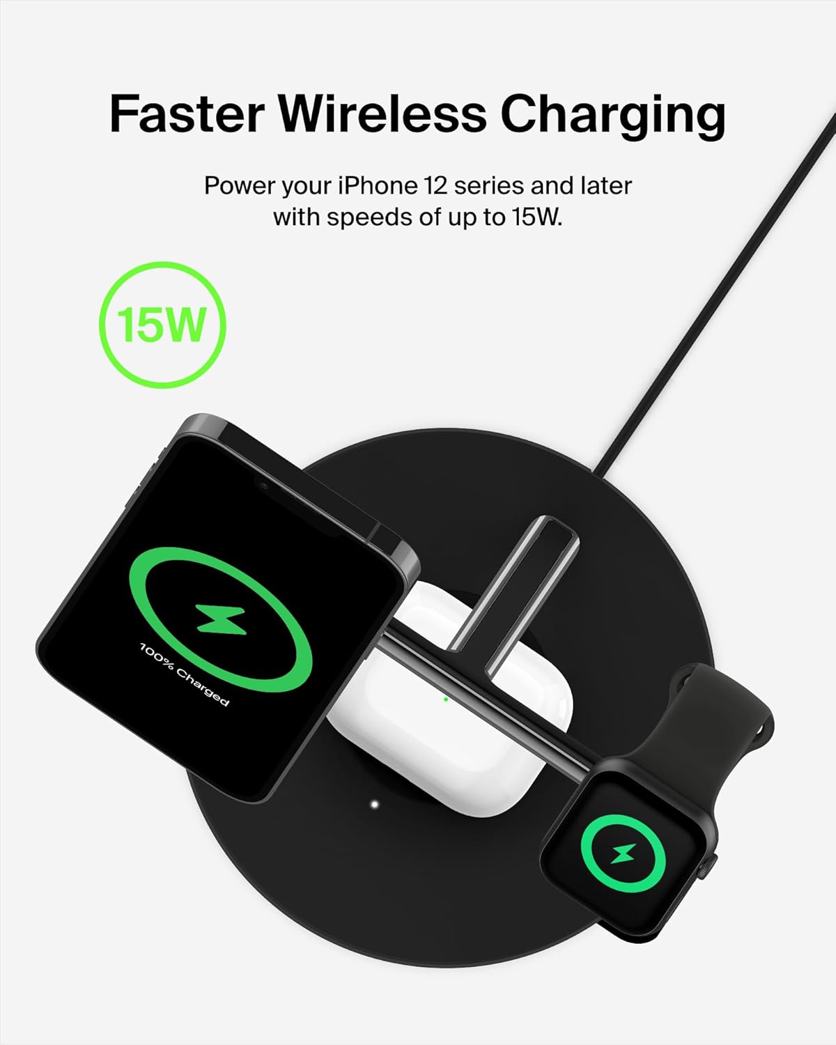 Belkin MagSafe-Compatible iPhone Charger, 3-in-1 Wireless Charging Station, Qi2-Certified 15W Wireless Charge for Apple iPhone 17 Series, Apple Watch, AirPods w/Non-Slip Base, 40W Included - Black
