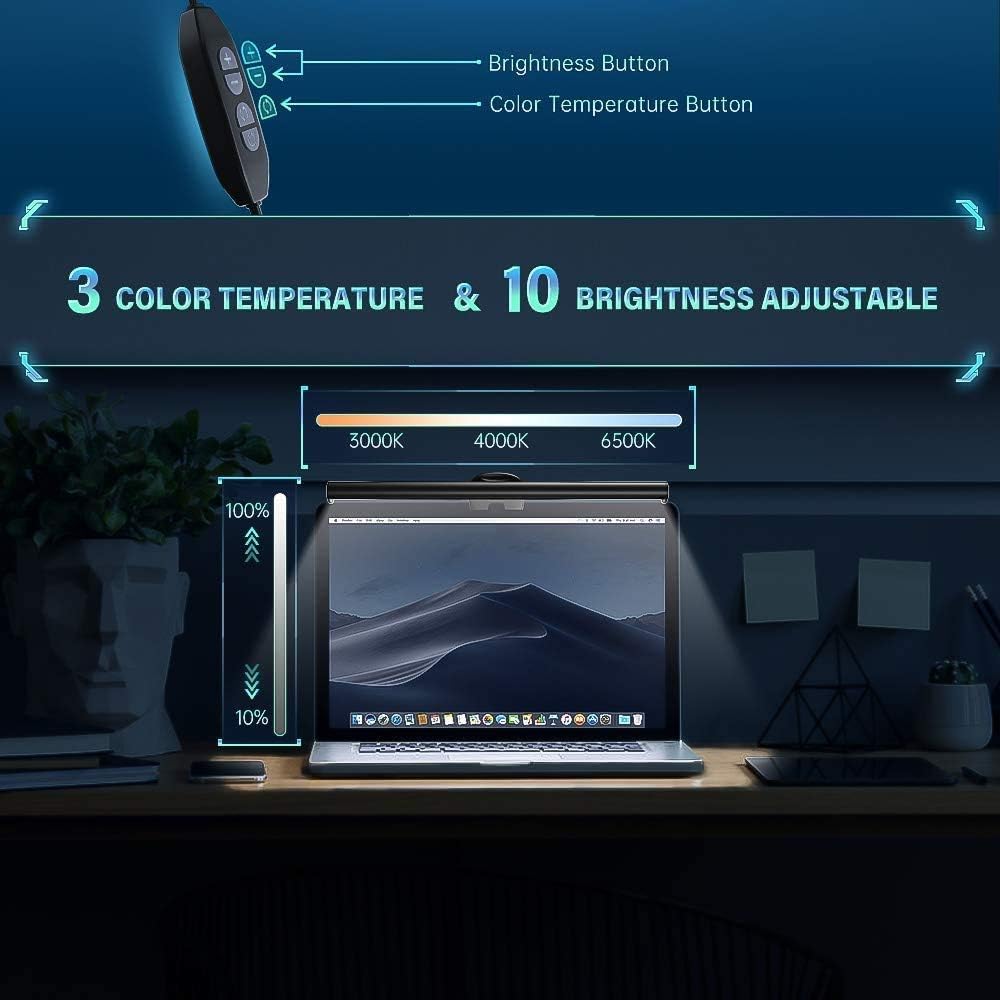 CATPOWER Portable Laptop Monitor Light Bar with USB Connection, e-Reading LED Task Lamp, 3 Color Temperature Settings, 10 Levels of Brightness Adjustment, No Glare on the Screen, Saves Space