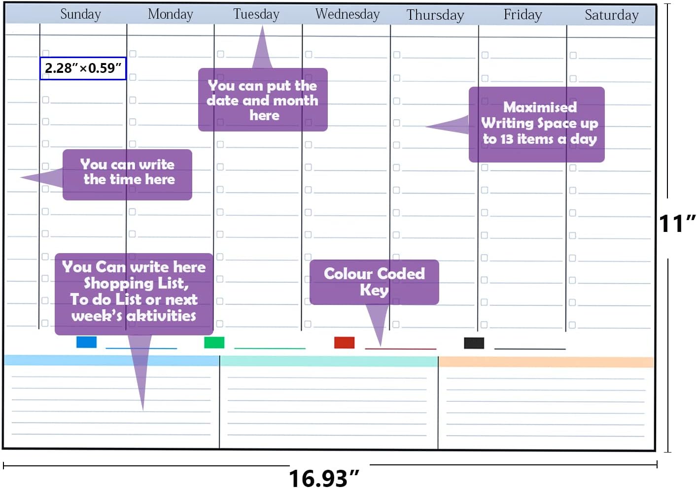 POPRUN Magnetic Fridge Calendar, 16.9"x11" Weekly Schedule Whiteboard, Dry Erase Board for Family Planning & Organization, Ideal for Home, School, Office