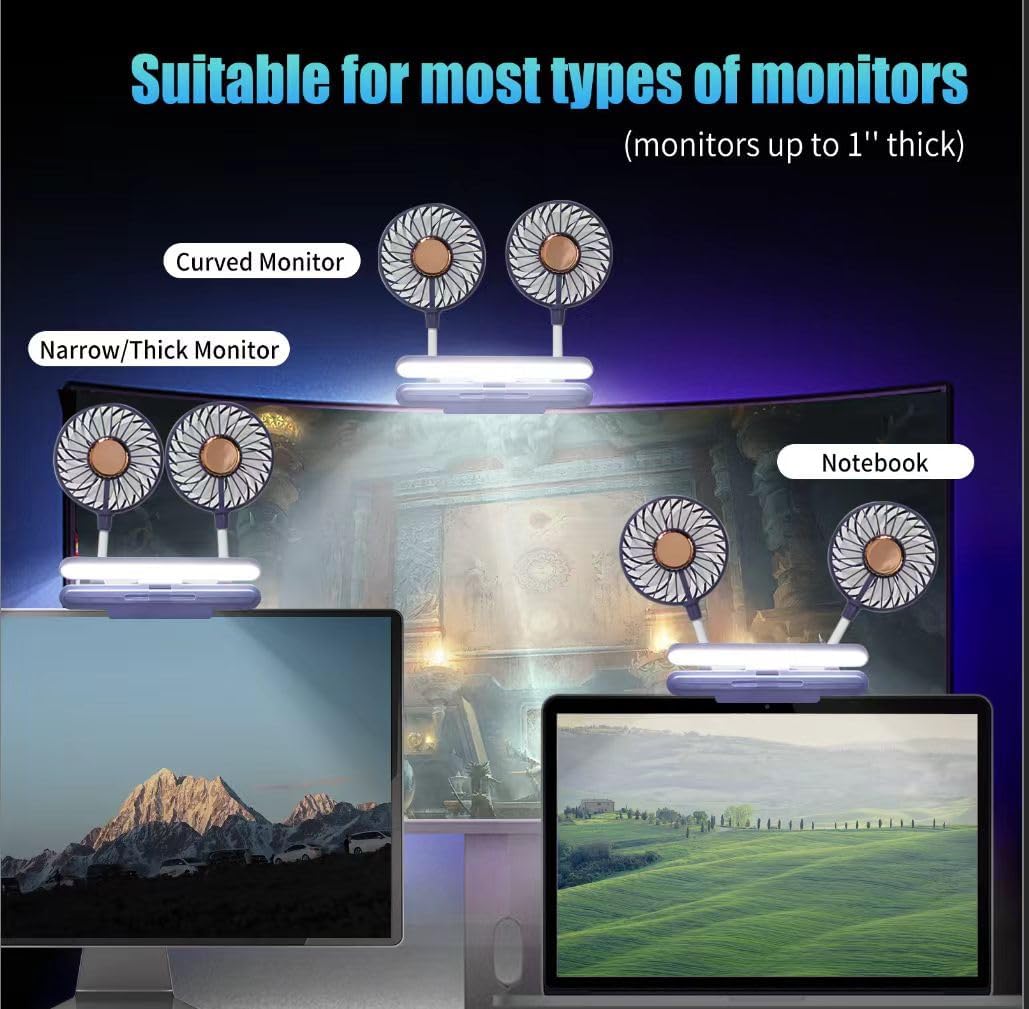 Monitor Fan with LED Lights, USB Desktop Fan with 2 Rotatable Heads, 3 Speeds Desk Fans Small Quiet with Sturdy Adjustable Clamp, Strong Wind Office Personal Cooling Fans for Laptop, Desktop.