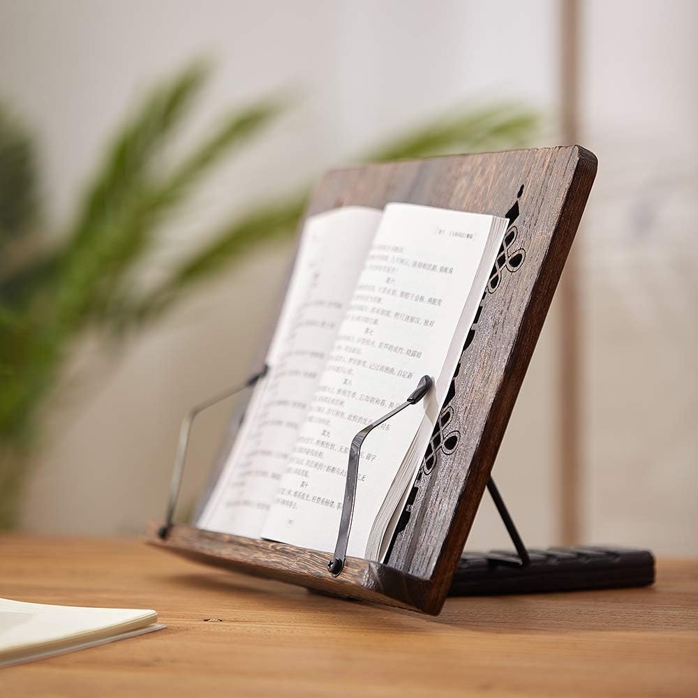 Book Stand with Page Clips, Foldable Reading Rest Holder, Portable Desk Bookrest, Cookbook/Tablet PC/Music Document Stand, Adjustable Wood Reading Frame (Chinese Knot, 13.2 x 9.5 inches)