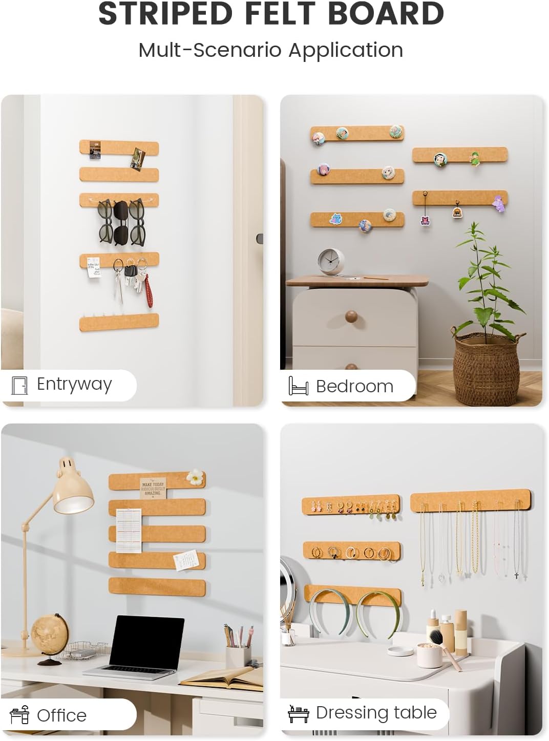 Fluxynara Cork Board Alternative Felt Strip Board 8-Pack 13"x2", Office Pin Board with 50 Push Pins, Adhesive Install for Bedroom Door & Home Office(Linen Dusk)