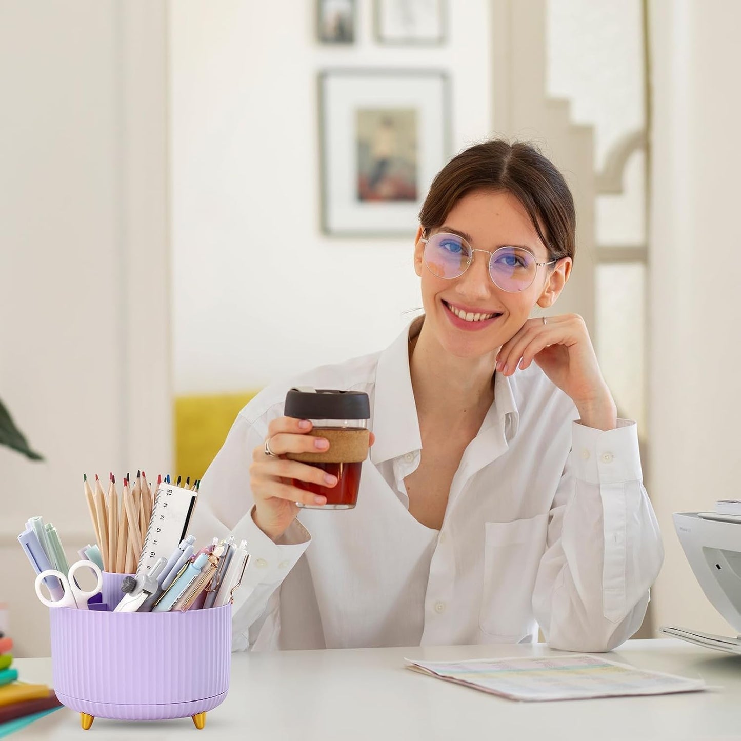 SKYDUE 360 Rotating Plastic Desk Pen Organizer with 5 Slots, Dual-Purpose Art Supply Pencil Cup for Office, School, Home