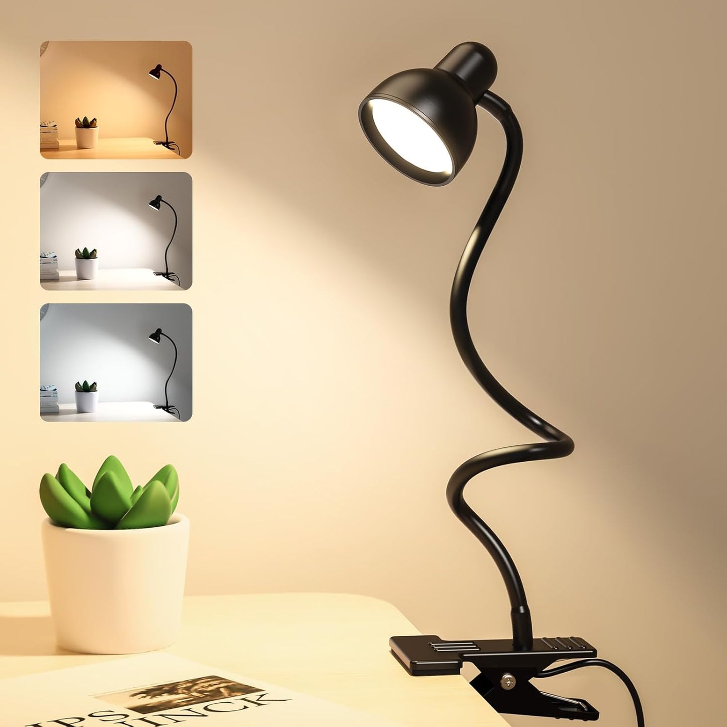 Clip on Lamp USB Reading Light, 3 Color Modes, 10 Brightness Dimmable, 360° Flexible Desk Lamp with Clamp, Eye Care Clip on Light for Bed Desk Headboard Home Dorm White
