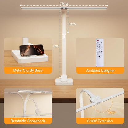 LED Desk Lamp with Base - Bright Dimmable Computer Lamp with Phone Holder, 24W Bendable Desk Light for Monitor Screen, Eye-Caring Tall Desktop Light for Task Home Office Work, Black, Dual Head