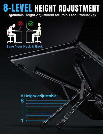 4-in-1 Foldable Laptop Stand & Magnetic Phone Holder, Silver Aerospace Aluminum Portable Desk Mount with N52 MagSafe Compatible Tripod Handle for MacBook Pro, iPad, Travel & Vlogging