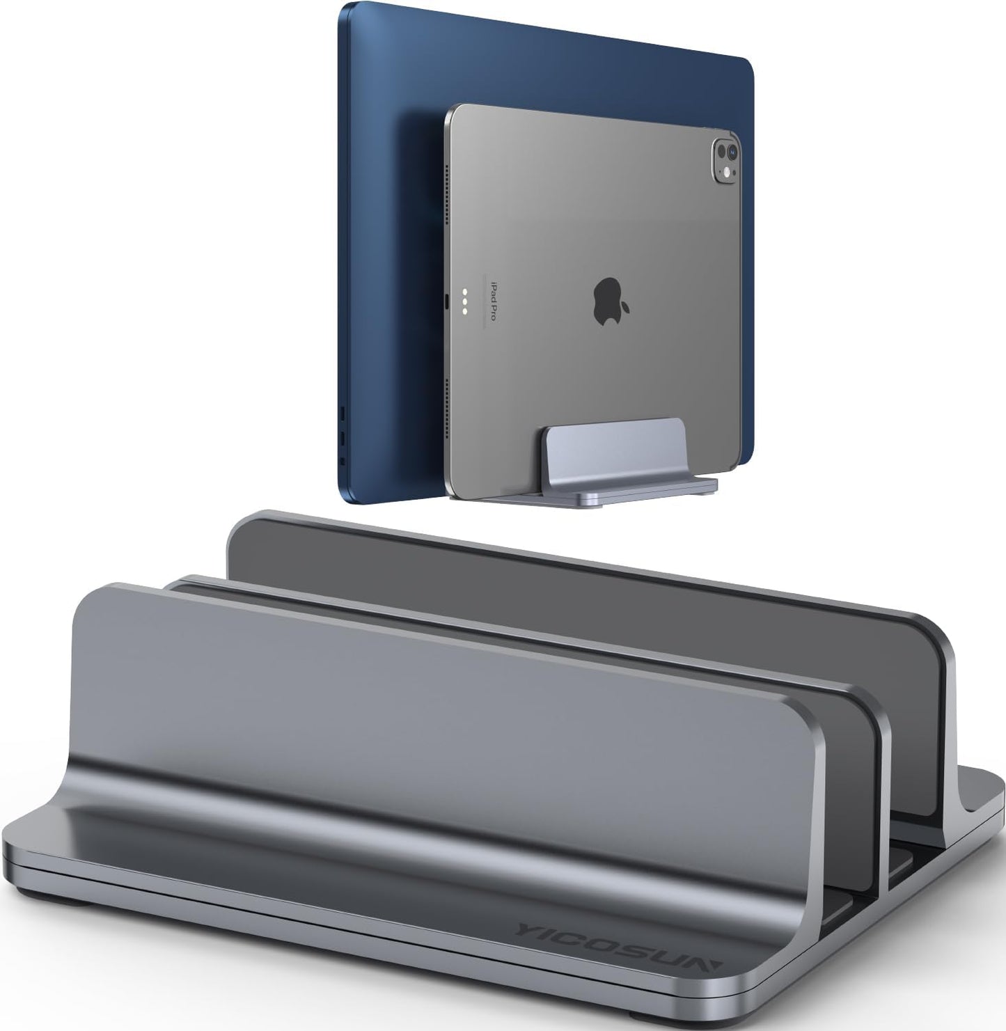 YICOSUN Dual-Slot Aluminum Vertical Laptop Stand for Desk - Adjustable Width Dock for MacBook, Surface, Samsung, HP, Dell up to 17.3 inches - Space-Saving & Protective Design - Gray