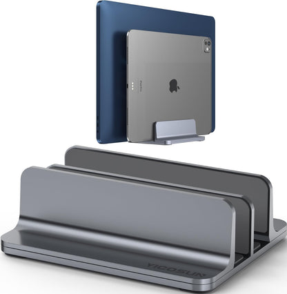 YICOSUN Dual-Slot Aluminum Vertical Laptop Stand for Desk - Adjustable Width Dock for MacBook, Surface, Samsung, HP, Dell up to 17.3 inches - Space-Saving & Protective Design - Gray