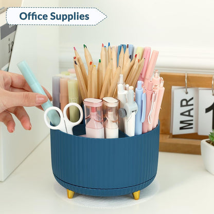 SKYDUE 360 Rotating Plastic Desk Pen Organizer with 5 Slots, Dual-Purpose Art Supply Pencil Cup for Office, School, Home