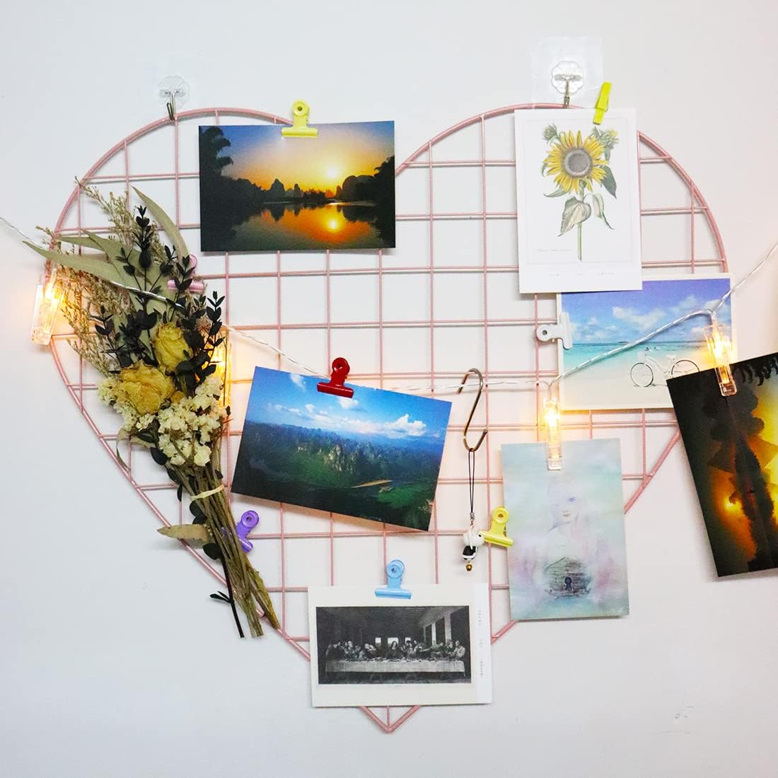 ECLENYES Grid Photo Wall Panels - 22.4"x20.4" Heart Shape Iron Rack Art Wire Board, Wall Grid Organizer, DIY Photo Frame for Home, Office, Kitchen, Bedroom, Christmas Gifts - Pink