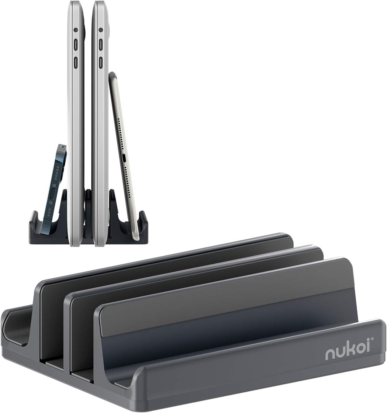 Vertical Laptop Stand - SPACEMax Adjustable GRIPLock Anti-Tip Silicone 4 Slots Aluminum Desktop Holder - Double Dock Stand - 2 Phone Slots Fits Up to 17.3” Laptops, Tablets, Phones - Silver