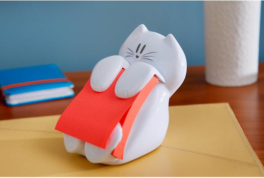 Post-it Dispenser, Sticky Note Holder, White Cat Design, Includes 45 Pop-Up Sheets of 3 in x 3 in Pink, Sticky Notes Holder for Desk, Classroom or Office Supplies