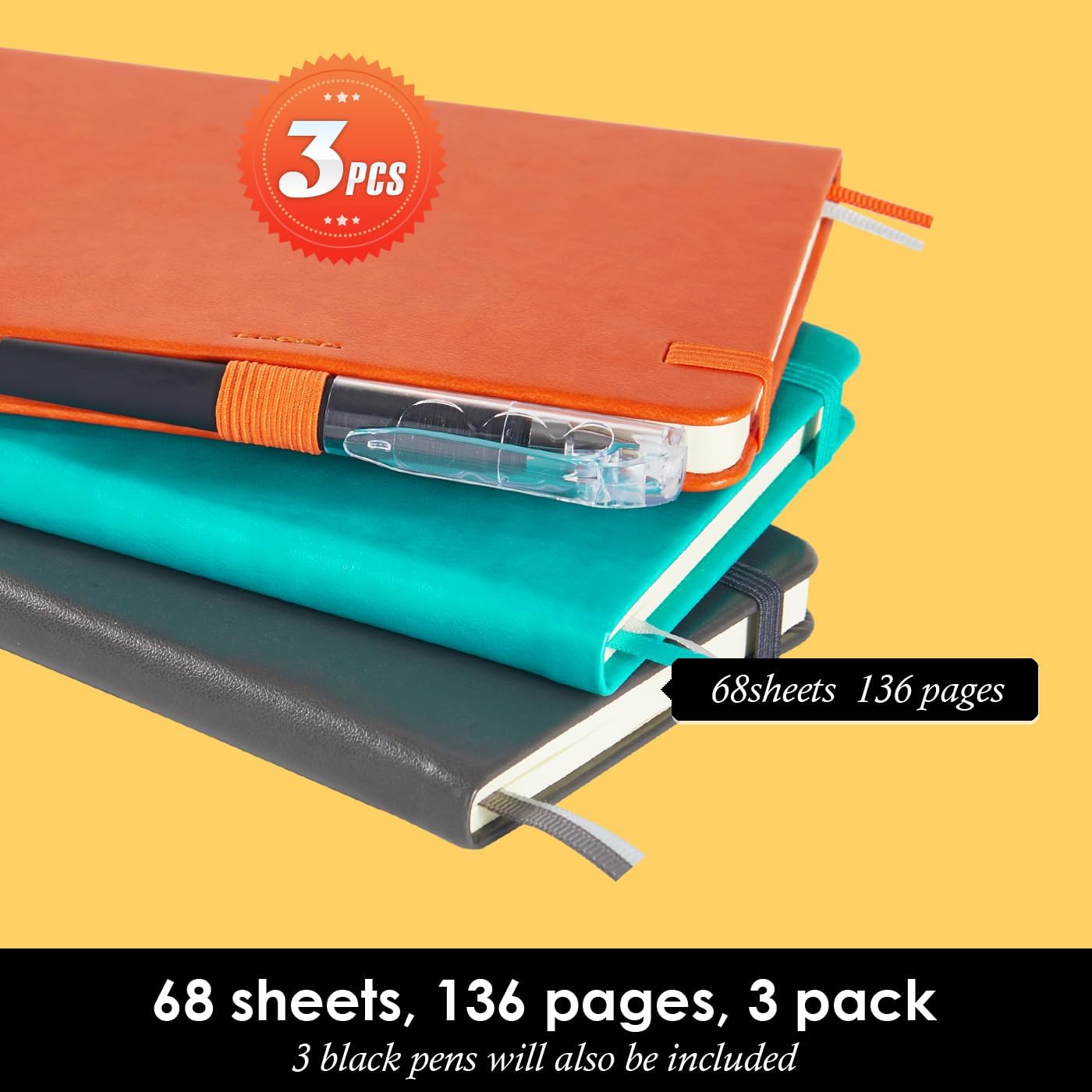 NIRMIRO 3 Pack Pocket Notebook Journals, Small Notepad Notebooks for Note Taking, A6 Mini Note pads with Pen Holder, 408 Lined Pages, 3.7" x 5.7", Black, Brown, Blue