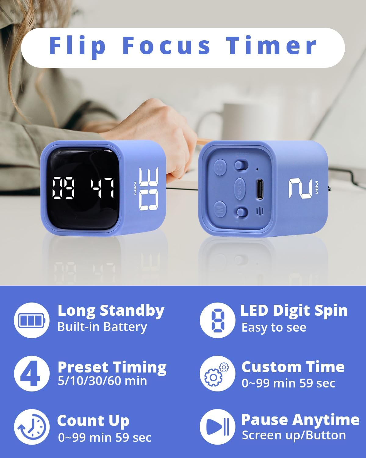 Productivity Timer Flip Gravity Sensor Cube Timer Countdown & Countup,Mute & Vibrate & Sound，5/10/30/60min & Custom Timing, Perfect for ADHD,Work,Learning,Kitchen Cooking (1Black)
