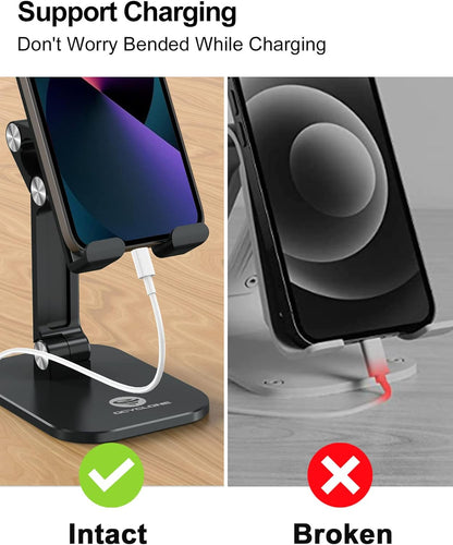 OCYCLONE Phone Stand, Cell Phone Stand Holder for Desk Office Accessories Adjustable Height and Angle Foldable iPhone Stand Compatible with 4"-13" All Phones iPad Tablet - Black