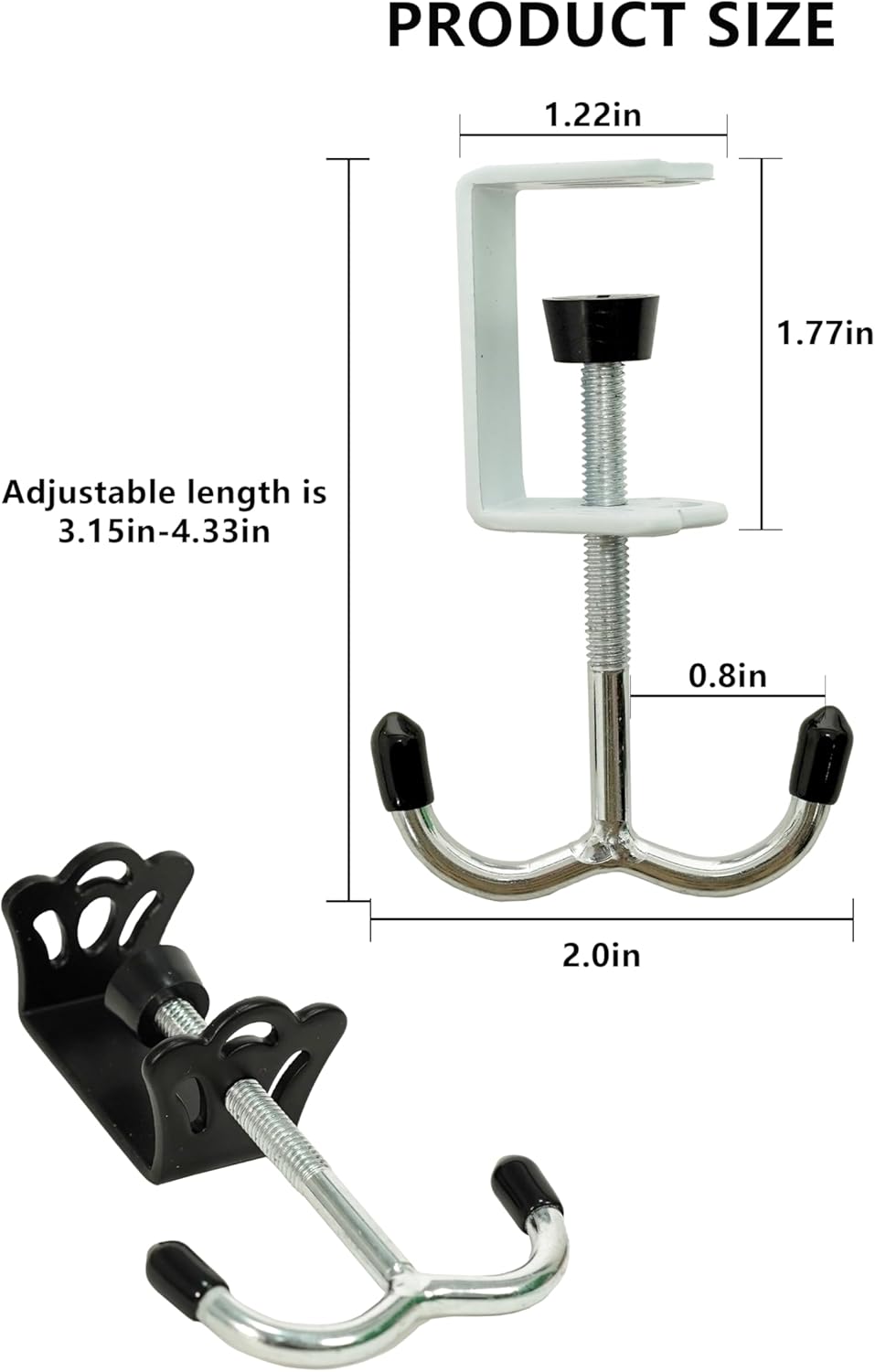 4 Pack Adjustable Under Desk Hooks (2 Black & 2 White), Universal Bag Hanger Fits Most Table Thickness, 100LB Capacity Heavy-Duty Dual Hook for Purse, Backpack, Office Home