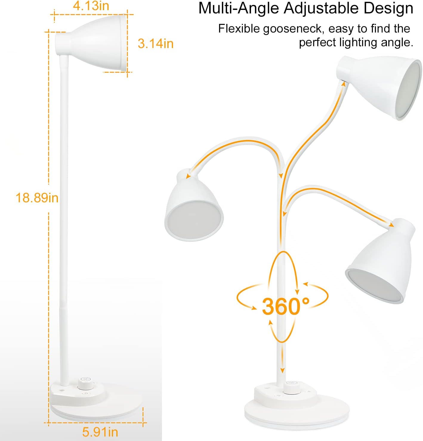 BOHON LED Desk Lamp with USB Charging Port, 3 Color Modes Dimmable Reading Lamp, Auto Dimming Task Lamp, Flexible Neck Table Light for Dorm Bedside, Adapter Include, White