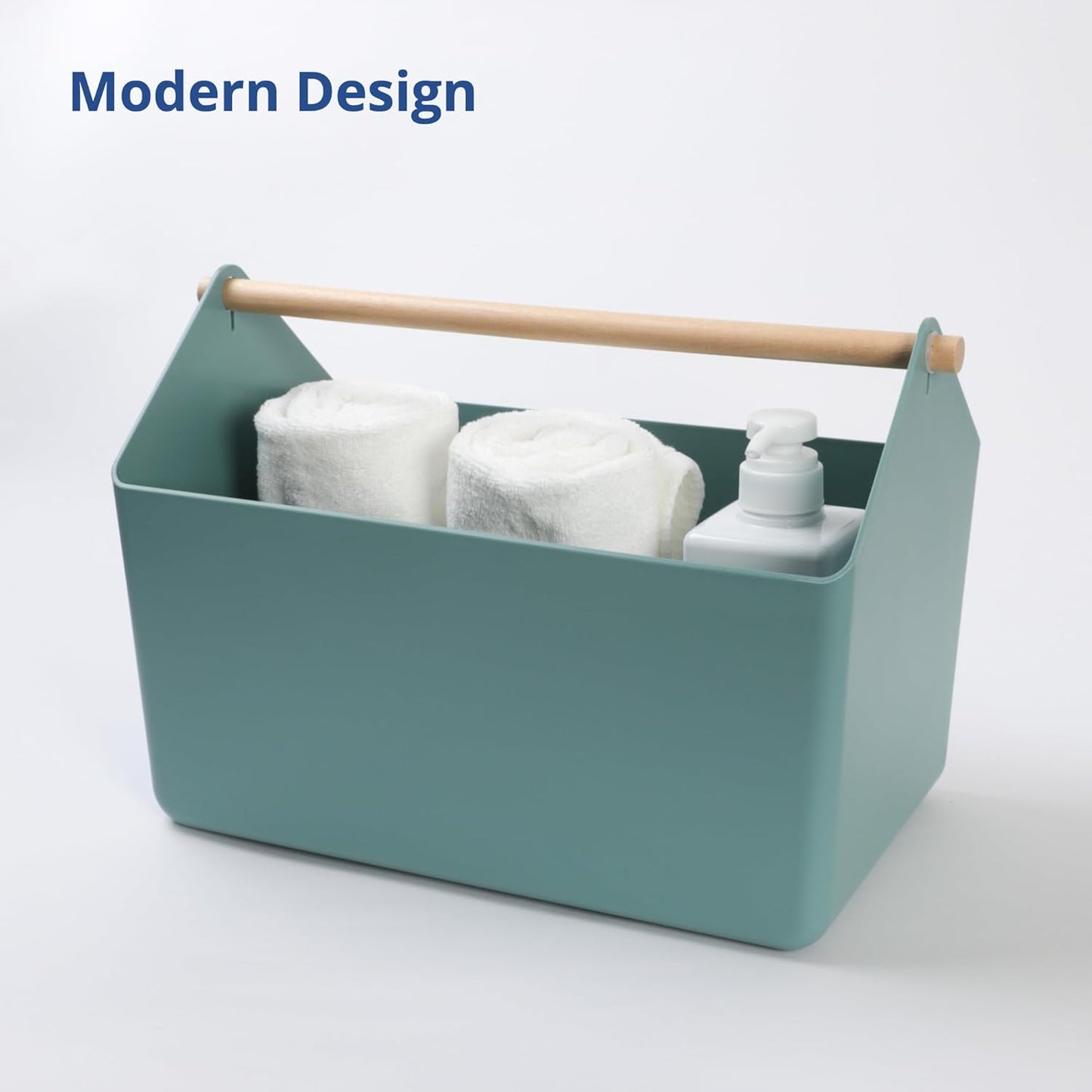BLUE GINKGO Medium Storage Basket – Plastic Caddy with Wooden Handle for Office, Arts & Crafts, or Home Supplies (Gray)