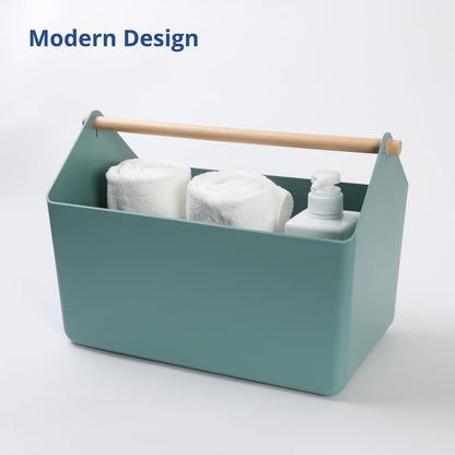 BLUE GINKGO Medium Storage Basket – Plastic Caddy with Wooden Handle for Office, Arts & Crafts, or Home Supplies (Gray)
