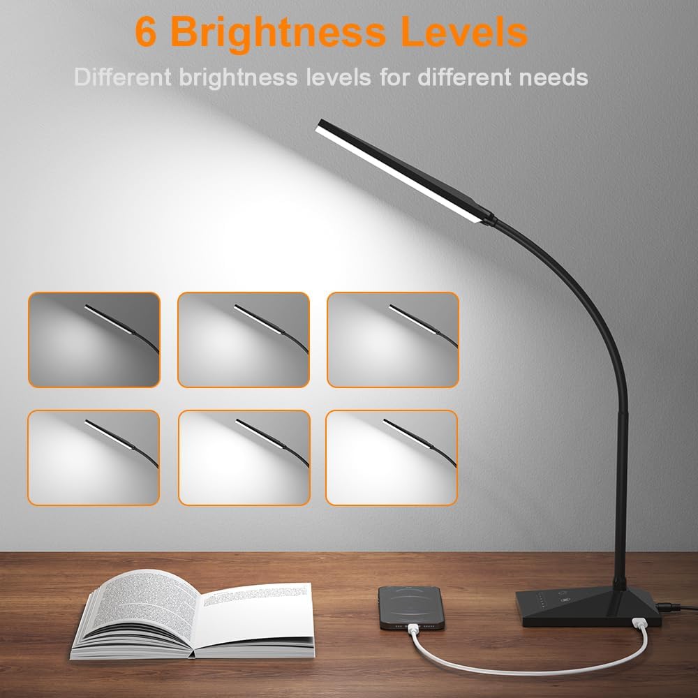 Vansuny Clip on Light LED Desk Lamp with Eye-Caring LED Light and Metal Clip, 6 Level Brightness 3 Color Modes, Power by USB Port 5W Adjustable Neck Reading Lamp for Home and Office (5W, Black)
