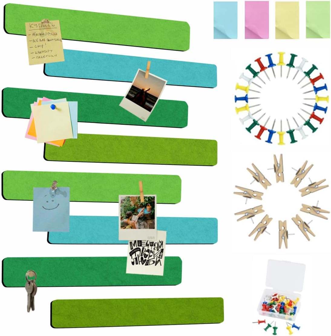 Vuzvuv 8 pcs Bulletin Board Bar Strips with 50 Pushpins & 10 Wooden Clip pins，Self Adhesive Cork Board for Wall，Felt Pin Board for School，Office Decor（Black White Grey）