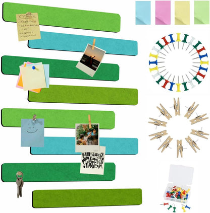 Vuzvuv 8 pcs Bulletin Board Bar Strips with 50 Pushpins & 10 Wooden Clip pins，Self Adhesive Cork Board for Wall，Felt Pin Board for School，Office Decor（Black White Grey）