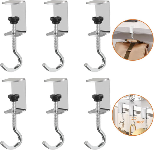 6 Pcs Adjustable Table Hooks for Hanging Bags, Heavy Duty Metal Backpack Hooks for Desk