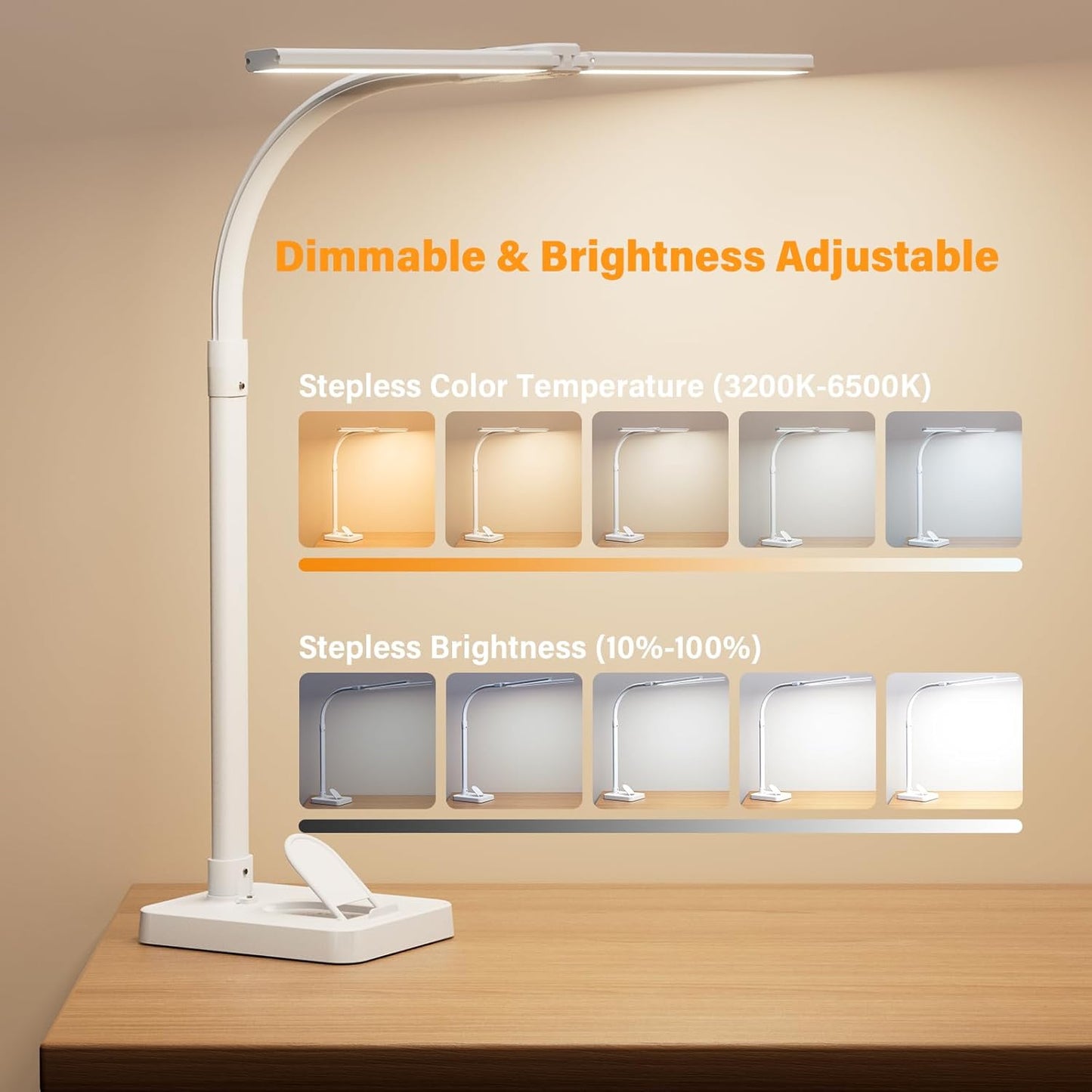 LED Desk Lamp with Base - Bright Dimmable Computer Lamp with Phone Holder, 24W Bendable Desk Light for Monitor Screen, Eye-Caring Tall Desktop Light for Task Home Office Work, Black, Dual Head