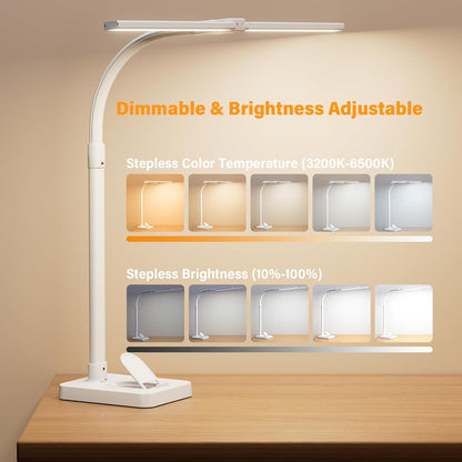 LED Desk Lamp with Base - Bright Dimmable Computer Lamp with Phone Holder, 24W Bendable Desk Light for Monitor Screen, Eye-Caring Tall Desktop Light for Task Home Office Work, Black, Dual Head