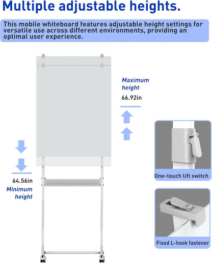 40 x 28 inch Mobile Magnetic Glass Whiteboard, Double-Sided Board with Felt Back and Storage for Office & Classroom, White