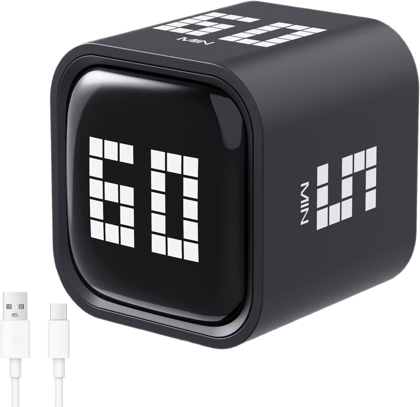 Rotating Digital Cube Timer with Gravity Sensor, 5/10/30/60 Min Preset & Custom Up to 99 Min, USB-C Rechargeable Stopwatch, Vibration Volume Mute Alert for Pomodoro Focus Study Kitchen (Black)