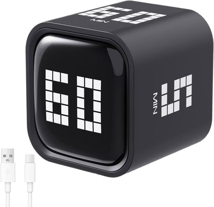 Rotating Digital Cube Timer with Gravity Sensor, 5/10/30/60 Min Preset & Custom Up to 99 Min, USB-C Rechargeable Stopwatch, Vibration Volume Mute Alert for Pomodoro Focus Study Kitchen (Black)