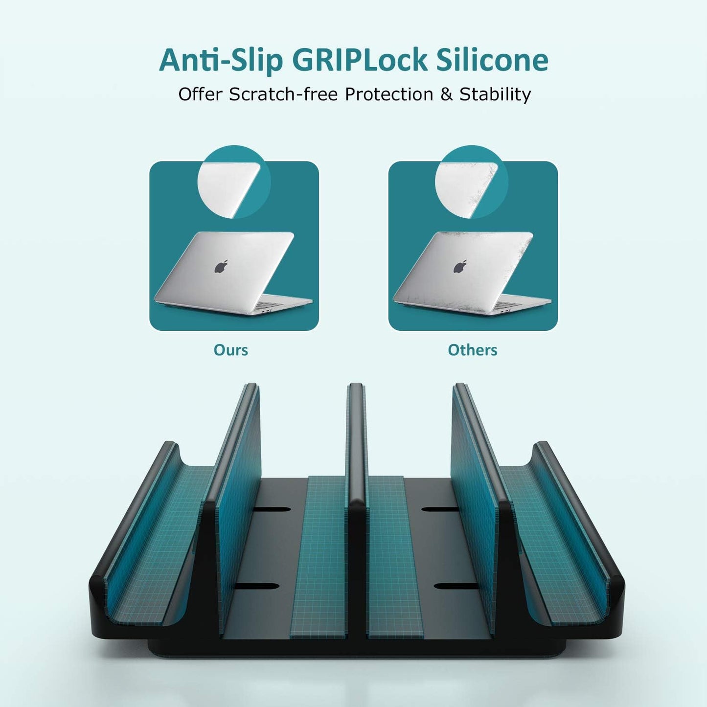 Vertical Laptop Stand - SPACEMax Adjustable GRIPLock Anti-Tip Silicone 4 Slots Aluminum Desktop Holder - Double Dock Stand - 2 Phone Slots Fits Up to 17.3” Laptops, Tablets, Phones - Silver